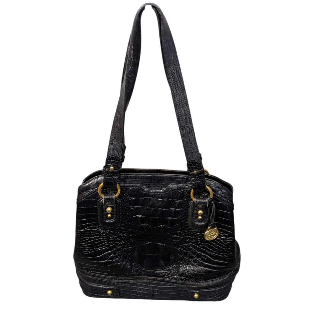 Brahmin Black Croc Embossed Leather Shoulder Bag Satchel Gold Hardware